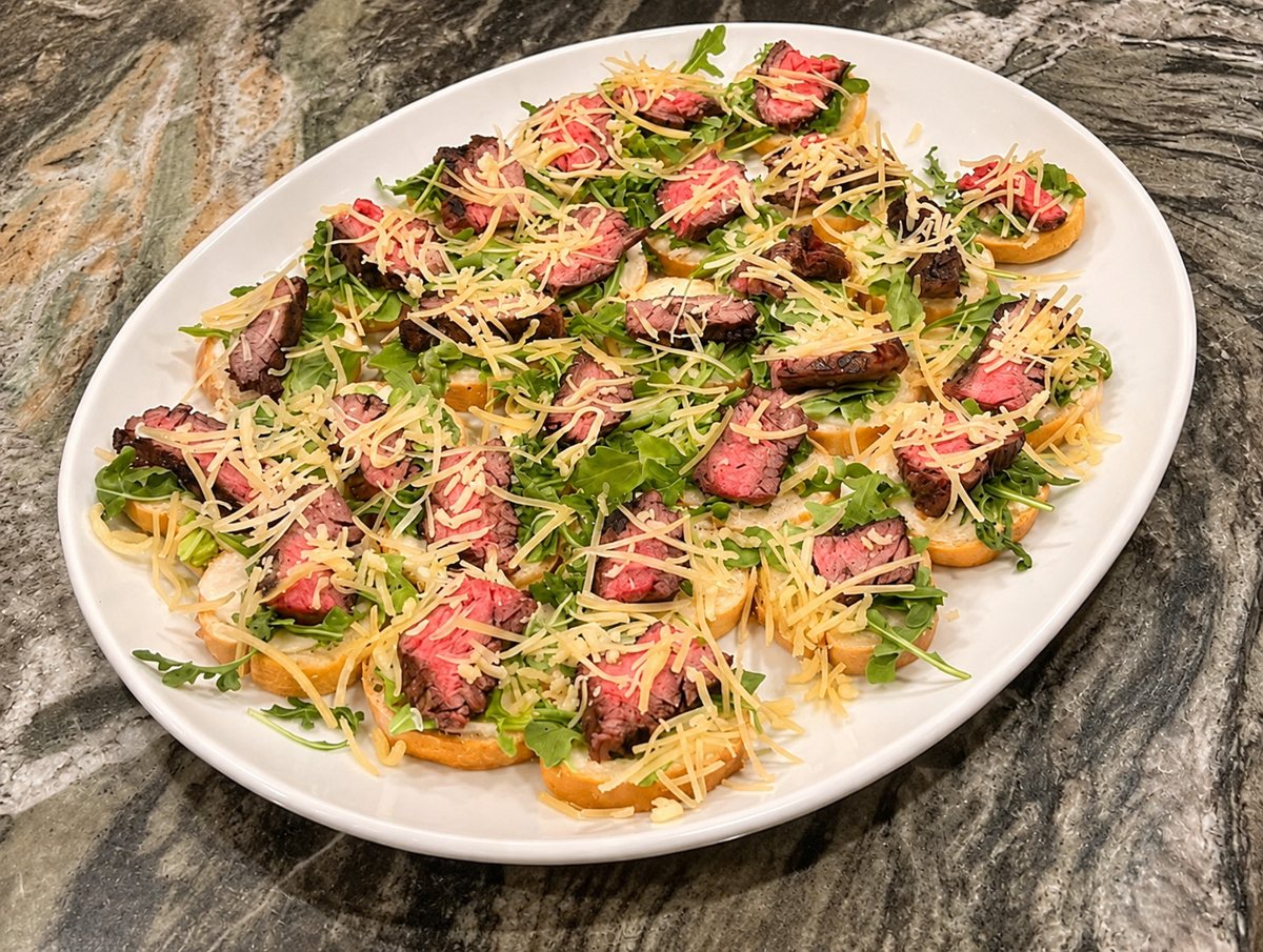 Steak bites on toasted bread with arugula and shaved cheese