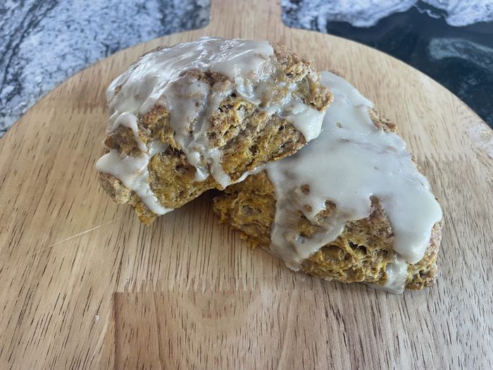 Pumpkin scones with salted maple glaze